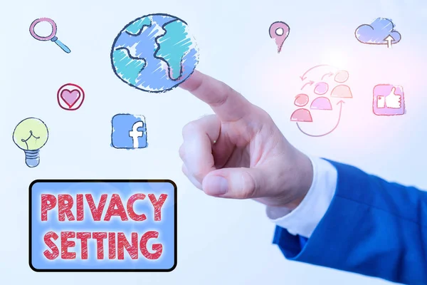 Conceptuele handschrift toont Privacy Setting. Zakelijke foto presentatie beperken de toegang tot profiel en welke informatie kan zien. — Stockfoto