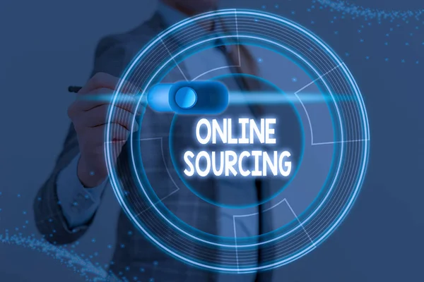 Writing note showing Online Sourcing. Business photo showcasing purchase of goods and services are coursed via the Internet.