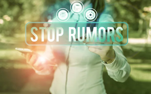 Signo de texto que muestra Stop Rumors. Foto conceptual poner fin a la circulación de la historia de la verdad incierta o dudosa . —  Fotos de Stock
