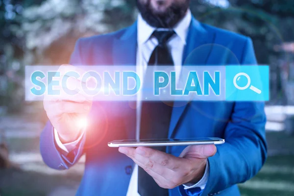 Schreibnotiz mit zweitem Plan. Business-Foto zeigt die nächsten Entscheidungen darüber, wie man in der Zukunft etwas tun kann. — Stockfoto