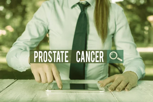 Writing note showing Prostate Cancer. Business photo showcasing cancer develops in the gland of male reproductive system Female business person sitting by table and holding mobile phone. — Stock Photo, Image