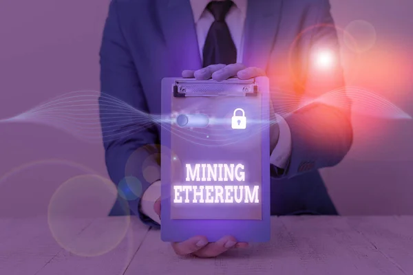Text sign showing Mining Ethereum. Conceptual photo the process of increasing the volume of Ether in circulation. — 图库照片