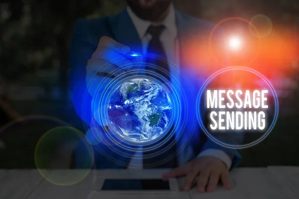 Writing note showing Message Sending. Business photo showcasing to convey or communicate one s is feelings or desires Elements of this image furnished by NASA. — Stockfoto