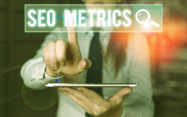 Signo de texto que muestra Seo Metrics. Foto conceptual medir el perforanalysisce del sitio web para los resultados de búsqueda orgánica . — Foto de Stock