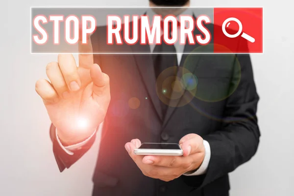 Signo de texto que muestra Stop Rumors. Foto conceptual poner fin a la circulación de la historia de la verdad incierta o dudosa . — Foto de Stock