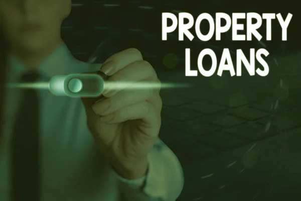 Handwriting text writing Property Loans. Concept meaning a loan used to buy land or buildings and infrastructures. — Stockfoto