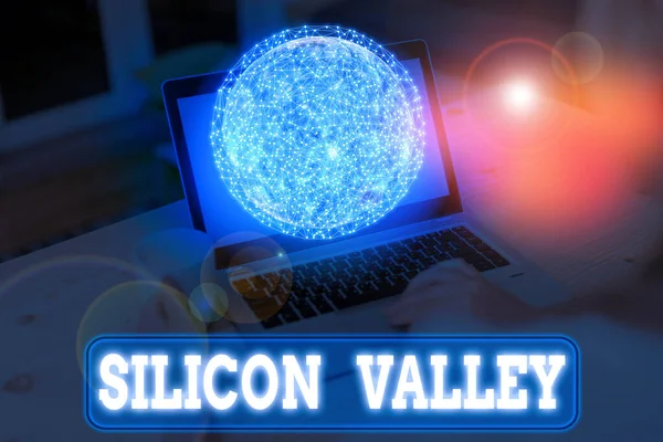Writing note showing Silicon Valley. Business photo showcasing home to analysisy startup and global technology companies Elements of this image furnished by NASA.
