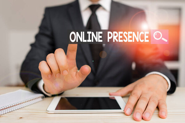 Writing note showing Online Presence. Business photo showcasing existence of an individual can be found via an online search Male human wear formal clothes present use hitech smartphone.