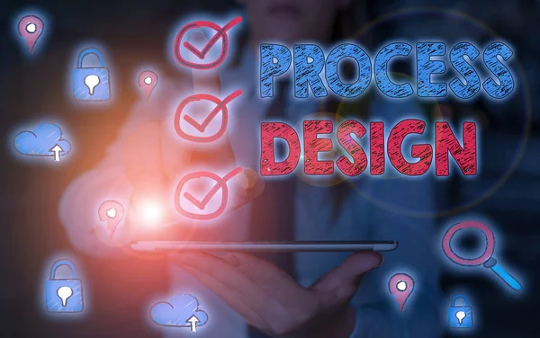 Koncepcionális kézírás a Folyamattervezés bemutatásával. Üzleti fotó bemutatása folyamat származó és a terv kidolgozása a termék. — Stock Fotó