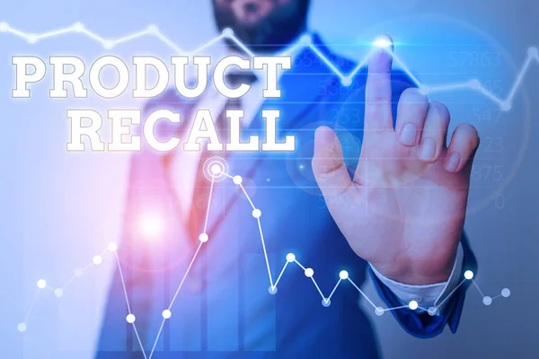 Nota de escrita mostrando Product Recall. Foto de negócios mostrando processo de recuperação de bens potencialmente inseguros dos consumidores . — Fotografia de Stock