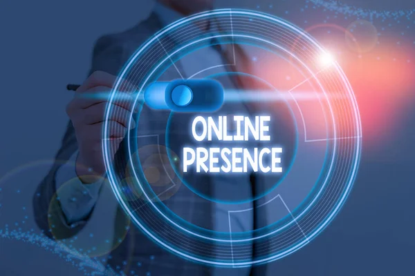 Writing note showing Online Presence. Business photo showcasing existence of an individual can be found via an online search.
