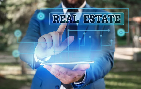 Conceptual hand writing showing Real Estate. Business photo text the property consisting of land and the buildings on it. — Stockfoto