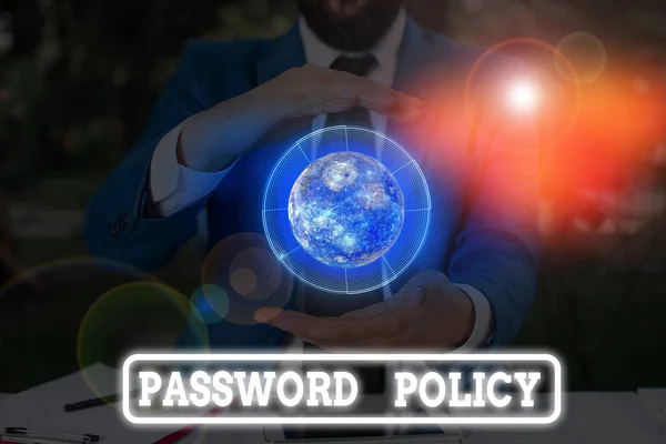 Conceptual hand writing showing Password Policy. Business photo text first line of protection against any unauthorized access Elements of this image furnished by NASA. — стокове фото