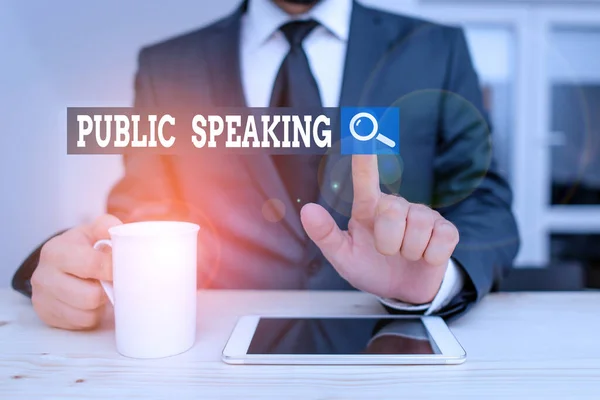 Handwriting text Public Speaking. Concept meaning art of effective oral communication with an audience Male human wear formal clothes present presentation use hi tech smartphone. — Stok fotoğraf