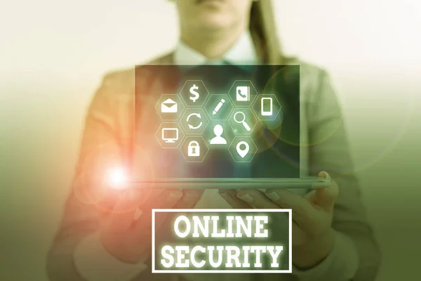 Conceptuele handschrift tonen Online Security. Zakelijke foto presentatie handeling van het waarborgen van de veiligheid van transacties online gedaan. — Stockfoto