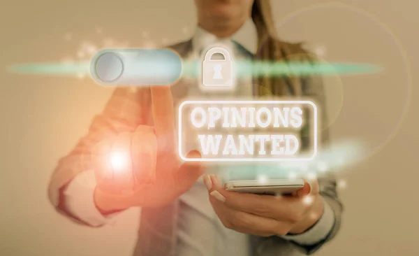 Conceptual hand writing showing Opinions Wanted. Business photo text judgment or advice by an expert wanted a second opinion. — Stockfoto