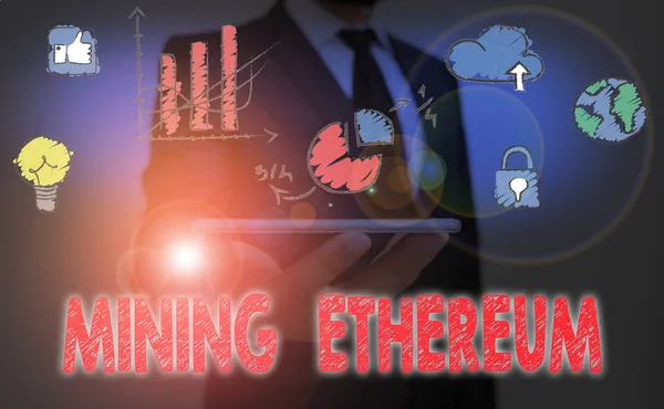 Writing note showing Mining Ethereum. Business photo showcasing the process of increasing the volume of Ether in circulation. — Stock Photo, Image