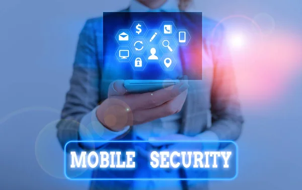 Escritura manual conceptual que muestra Seguridad Móvil. Esfuerzos comerciales de texto fotográfico para proteger los datos en dispositivos móviles como teléfonos inteligentes . — Foto de Stock