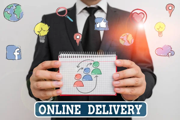 Conceptual hand writing showing Online Delivery. Business photo showcasing the act or analysisner of delivering something through the net. — Stock Photo, Image