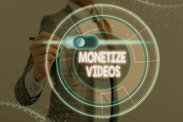 Writing note showing Monetize Videos. Business photo showcasing process of earning money from your uploaded YouTube videos. — Stock Photo, Image