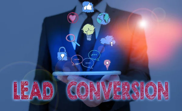 Conceptual hand writing showing Lead Conversion. Business photo showcasing Process of turning a lead into an opportunity or a deal. — Stock Photo, Image