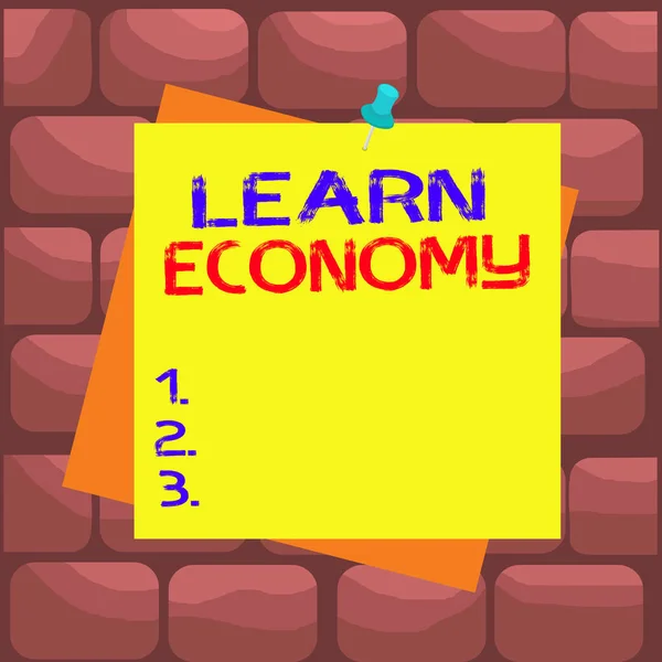 Handwriting text Learn Economy. Concept meaning gain or acquire knowledge in system of trade and industry Reminder color background thumbtack tack memo attached office pin square. — Zdjęcie stockowe
