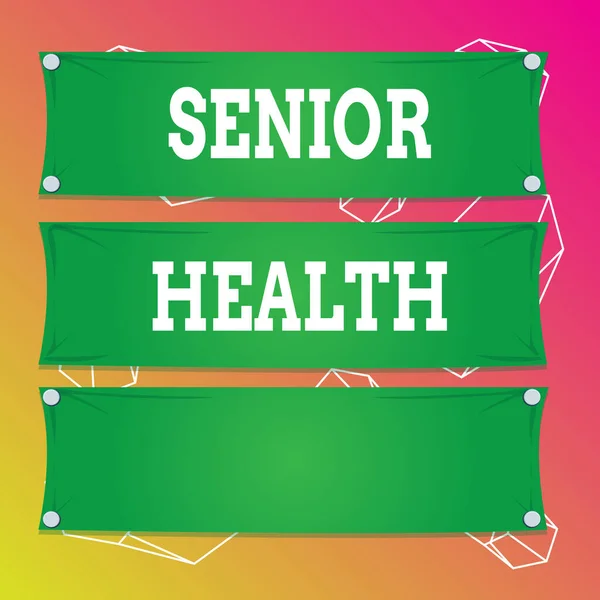 Word writing text Senior Health. Business concept for refers to physical and mental conditions of senior citizens Wooden panel attached nail colorful background rectangle lumber plank wood.