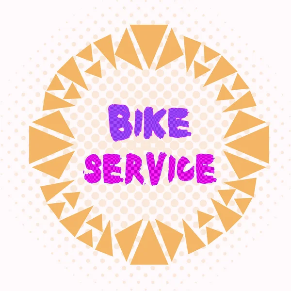 文字书写，自行车服务。清洁和修理自行车机构以保持最佳状态的经营理念非对称不均匀形状的物体轮廓多色设计. — 图库照片
