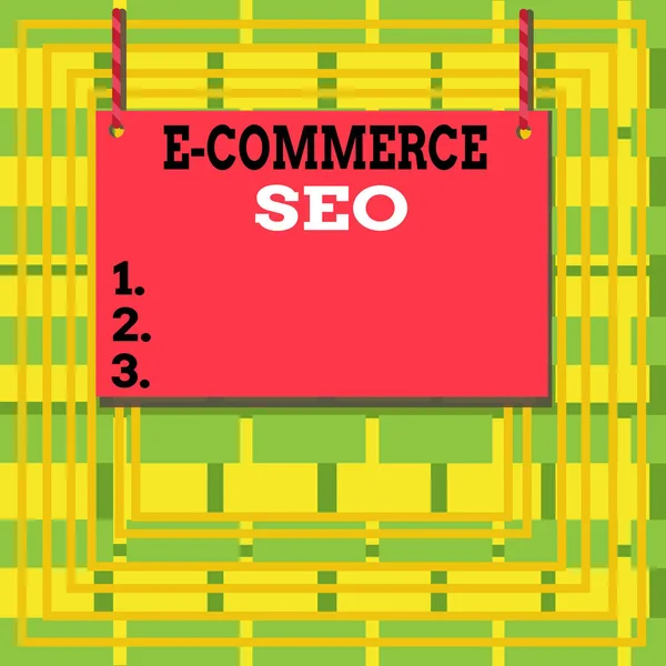 Signo de texto que muestra E Commerce Seo. Foto conceptual haciendo su tienda en línea más visible en el motor de búsqueda Tablero de madera forma de rectángulo marco vacío fijo colorido rayas . — Foto de Stock