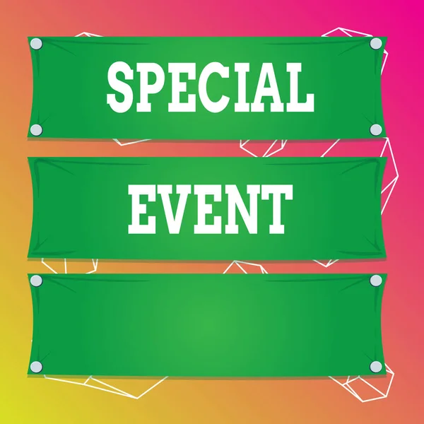 Word writing text Special Event. Business concept for activity or gathering that is planned for a special purpose Wooden panel attached nail colorful background rectangle lumber plank wood.