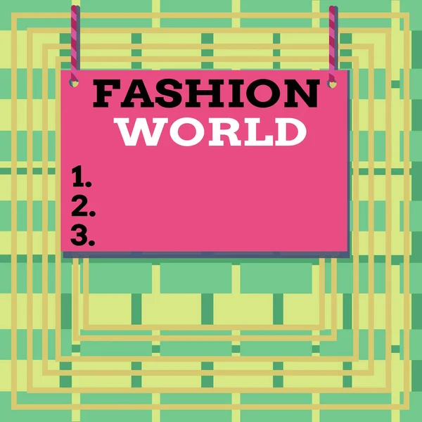 Text sign showing Fashion World. Conceptual photo world that involves styles of clothing and appearance Wooden board wood rectangle shape empty frame fixed colorful striped string. — Stock Photo, Image