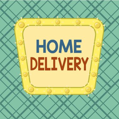 Kelime yazma metni eve teslimat. Mal veya paket doğrudan müşterilerin evlerine götürmek için iş konsepti. Asimetrik düzensiz biçim şekli nesne ana hatları çok renkli tasarım..