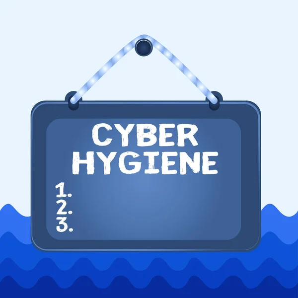 Ecriture conceptuelle montrant Cyber Hygiène. Photo d'affaires mettant en valeur les mesures que les utilisateurs d'ordinateurs prennent pour améliorer leur cyber sécurité Conseil fixe cadre ongle couleur fond rectangle panneau . — Photo