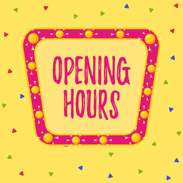 Writing note showing Opening Hours. Business photo showcasing the time during which a business is open for customers Asymmetrical uneven shaped pattern object multicolour design.