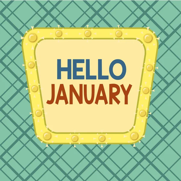 Szövegírási szöveg Hello January. Üzleti koncepció egy üdvözlő vagy meleg fogadtatás az év első hónapjában aszimmetrikus egyenetlen alakú formátum minta objektum körvonalazódik többszínű design. — Stock Fotó