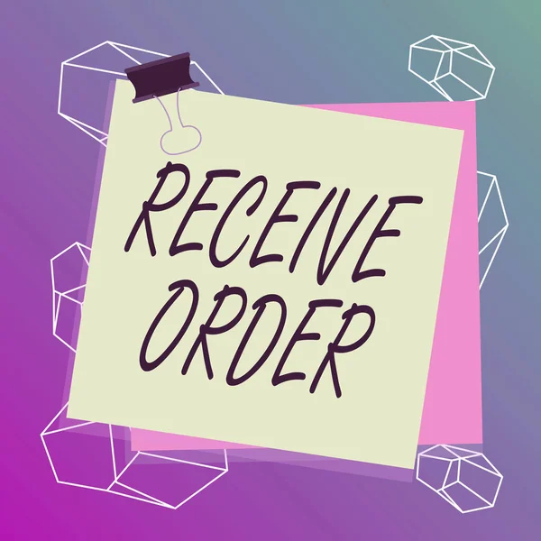 Word writing text Receive Order. Business concept for delivered and receive goods or services under specified terms Paper stuck binder clip colorful background reminder memo office supply. — Zdjęcie stockowe
