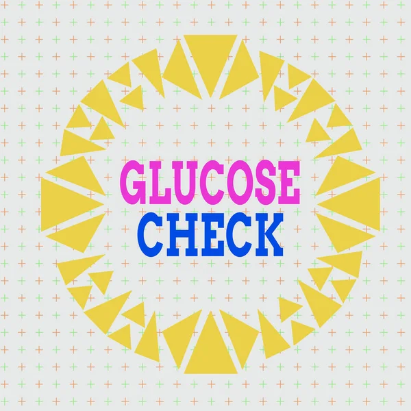 Writing note showing Glucose Check. Business photo showcasing procedure that measures the amount of sugar in a blood Asymmetrical uneven shaped pattern object multicolour design.