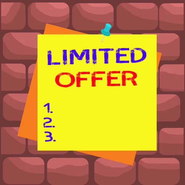 Handwriting text Limited Offer. Concept meaning special item available for a defined short period of time Reminder color background thumbtack tack memo attached office pin square. — Stock Photo, Image