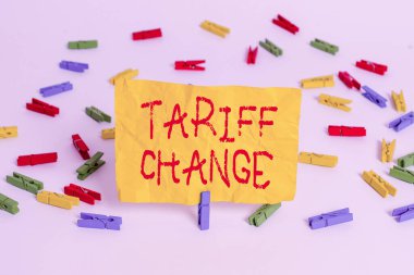 Word writing text Tariff Change. Business concept for Changes on tax imposed on imported goods and services Colored clothespin papers empty reminder white floor background office.