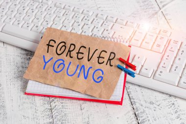 Forever Young 'ın el yazısı. Taze ve kaygısız olmanın anlamı şudur: Yaş defterinin hatırlattığı çengelli çarşaf, beyaz klavye ışığı ahşap..