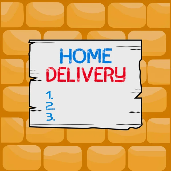 Handskrift text skrift Home Delivery. Begreppet innebär handling att ta varor eller paket direkt till kunder hem Trä fyrkantig planka tomma ram spår spår trä panel färgad bräda virke. — Stockfoto
