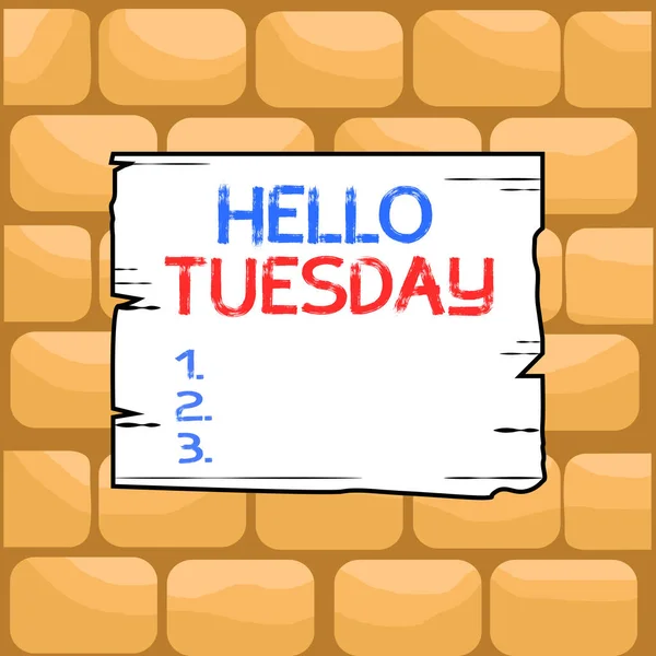 Handwriting text writing Hello Tuesday. Concept meaning a greeting or warm welcome to the third day of the week Wooden square plank empty frame slots grooves wood panel colored board lumber. — Stock fotografie
