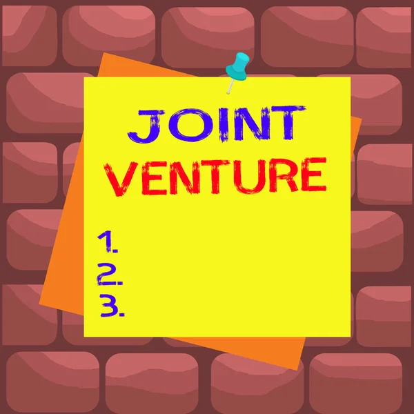 Κείμενο γραφής Joint Venture. Έννοια σημαίνει νέα εταιρεία που σχηματίζεται για την επίτευξη των ακριβών στόχων της εταιρικής σχέσης Υπενθύμιση χρώμα φόντο μικρογραφία tack σημείωμα συνημμένο γραφείο pin τετράγωνο. — Φωτογραφία Αρχείου