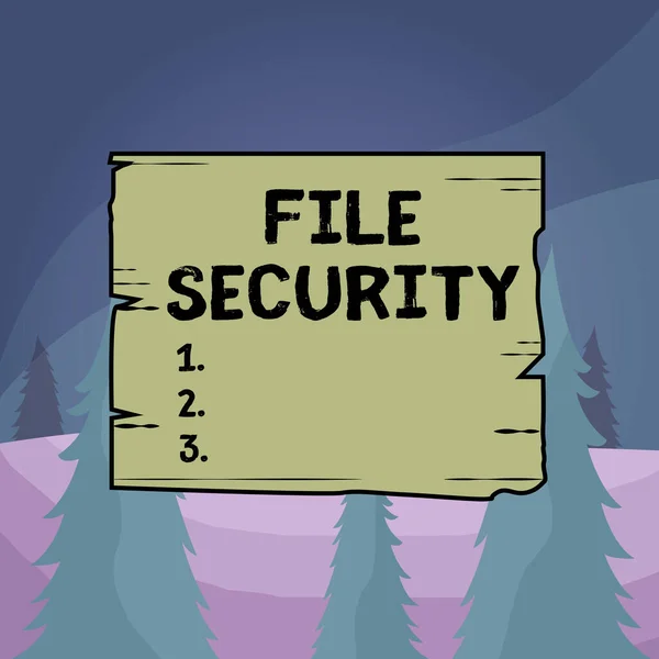 Ordskrivning text Filsäkerhet. Affärsidé för att skydda digitala data såsom de i en databas från förlust Trä fyrkantig planka tomma ram spår spår trä panel färgad skiva virke. — Stockfoto