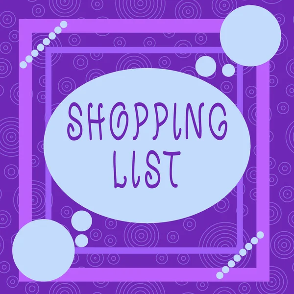 Conceptual hand writing showing Shopping List. Business photo showcasing a list of items to be considered or purchases to be made Asymmetrical format pattern object outline multicolor design. — Stock Photo, Image