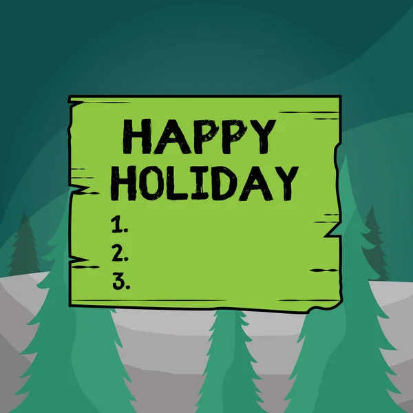 Word writing text Happy Holiday. Business concept for a greeting or farewell before a holiday season begins Wooden square plank empty frame slots grooves wood panel colored board lumber. — Stockfoto