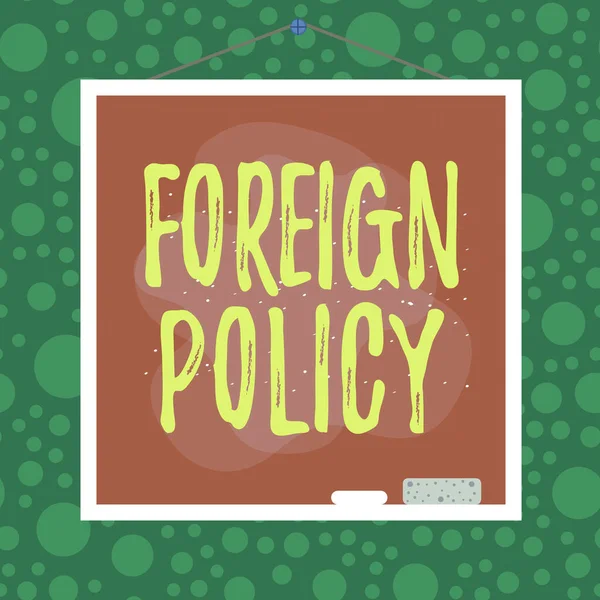 Text sign showing Foreign Policy. Conceptual photo a government strategy in dealing with other nations Asymmetrical uneven shaped format pattern object outline multicolour design. — Stockfoto