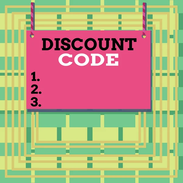Text sign showing Discount Code. Conceptual photo Series of letters or numbers that allow you to get a discount Wooden board wood rectangle shape empty frame fixed colorful striped string. — Stockfoto