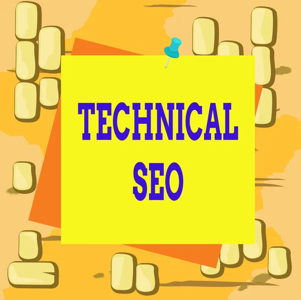 Word writing text Technical Seo. Business concept for Optimization of website that doesn t involve the content part Reminder color background thumbtack tack memo attached office pin square. — Stock Photo, Image