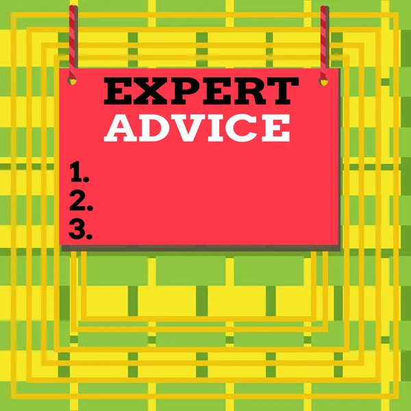 Text sign showing Expert Advice. Conceptual photo Opinion given by someone skilled at a particular job Wooden board wood rectangle shape empty frame fixed colorful striped string. — Stock Fotó